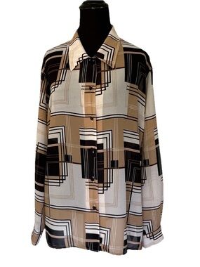 VTG Toni Marie Retro Geometric Button Up Blouse Cream Tan Black Op Art Bold